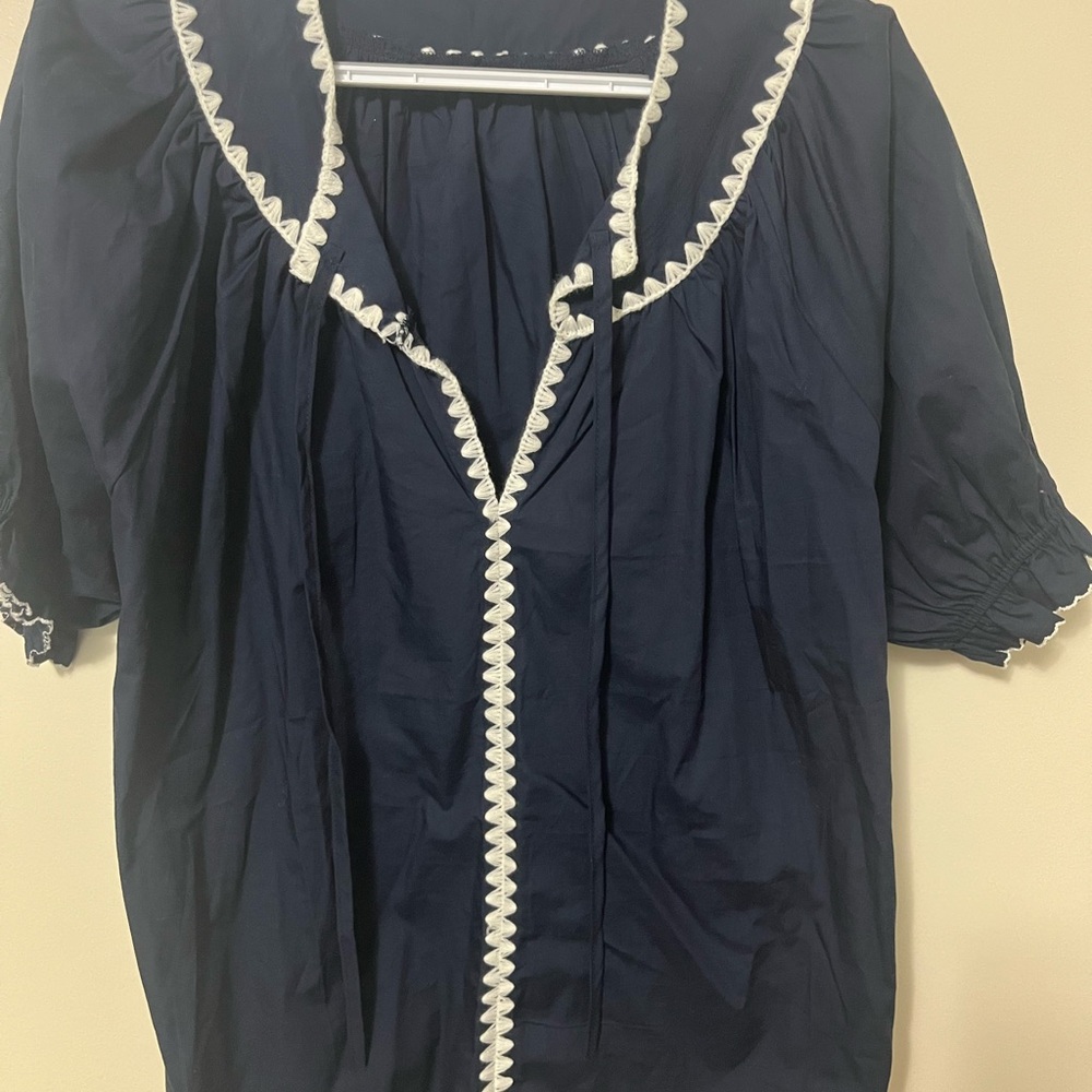 Navy Blue Peasant Blouse with White Trim